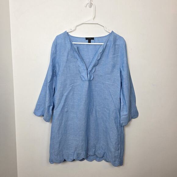 J. Crew Blue Linen Blend Chambray 3/4 Sleeve Coastal Beachy Scalloped Tunic Sz S - Picture 2 of 9